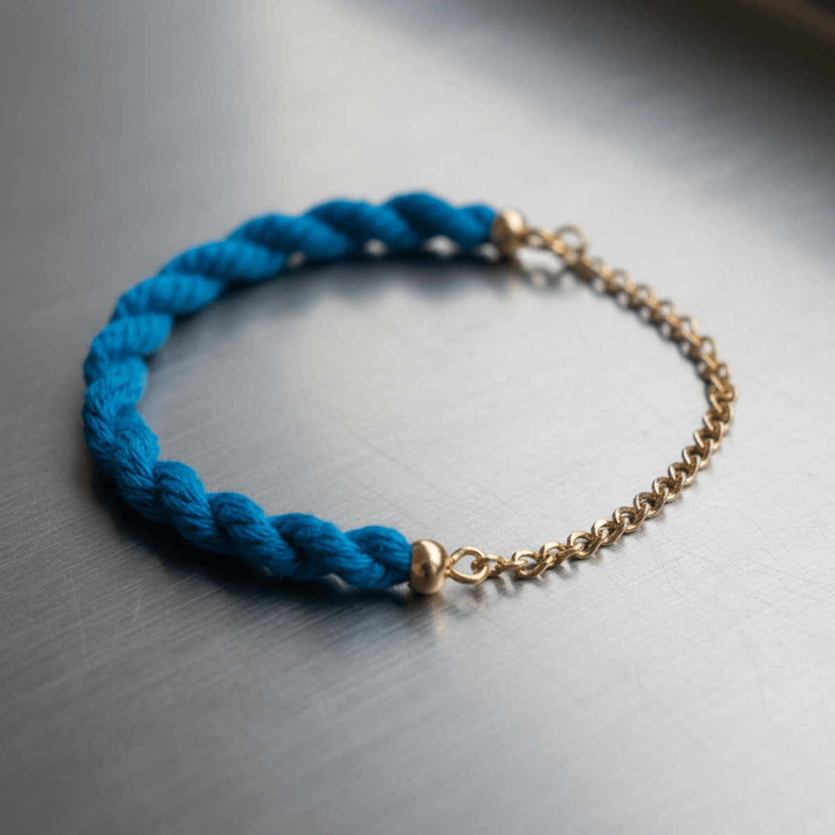 Modern hybrid friendship bracelet with blue cord and gold chain on brushed steel.