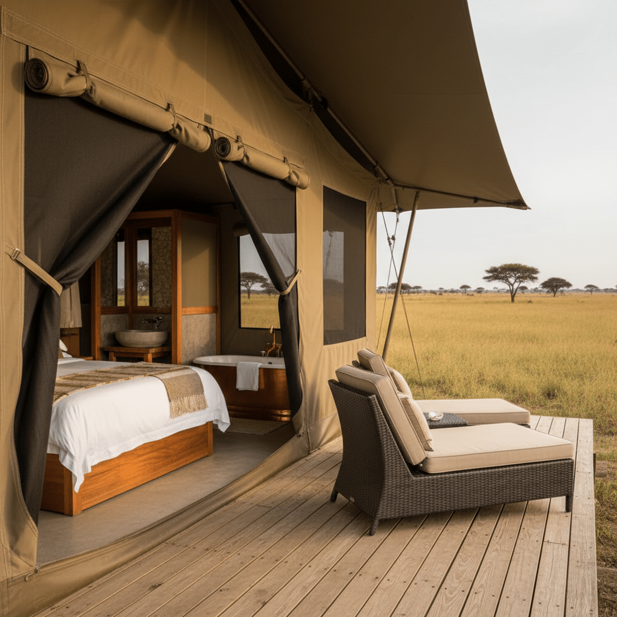 Heavy duty luxury safari tent on raised platform in remote savannah, marine-grade canvas.