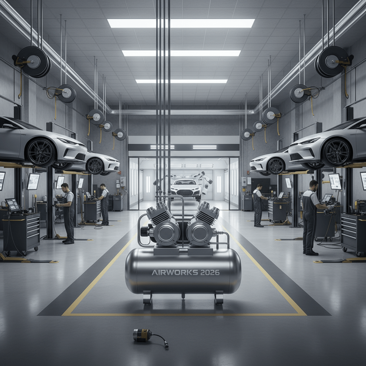 Spacious modern auto service center with active work bays and central industrial air compressor.