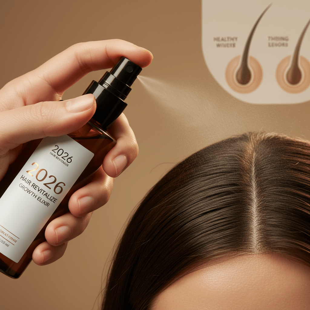 Hand applying hair growth oil spray directly to a healthy scalp with fine mist.