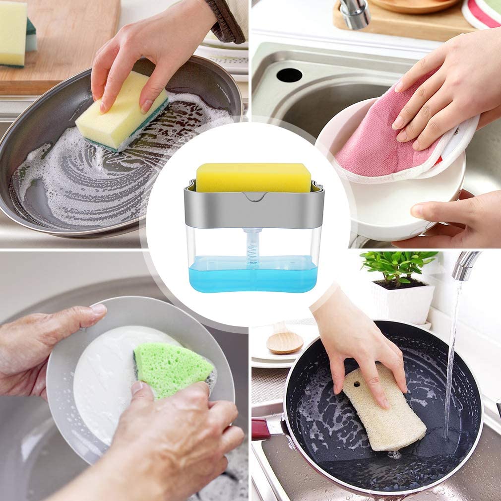 Shemax Dishwashing Soap Dispenser, Sponge Holder 2 in1 Dish liquid Dispenser Caddy,Countertop Soap Pump