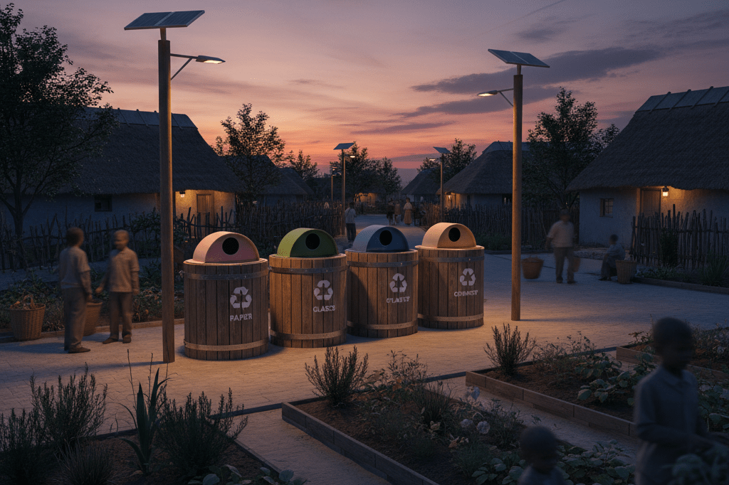 Wide shot of recycling bins and villagers during dusk, highlighting eco-friendly waste management efforts