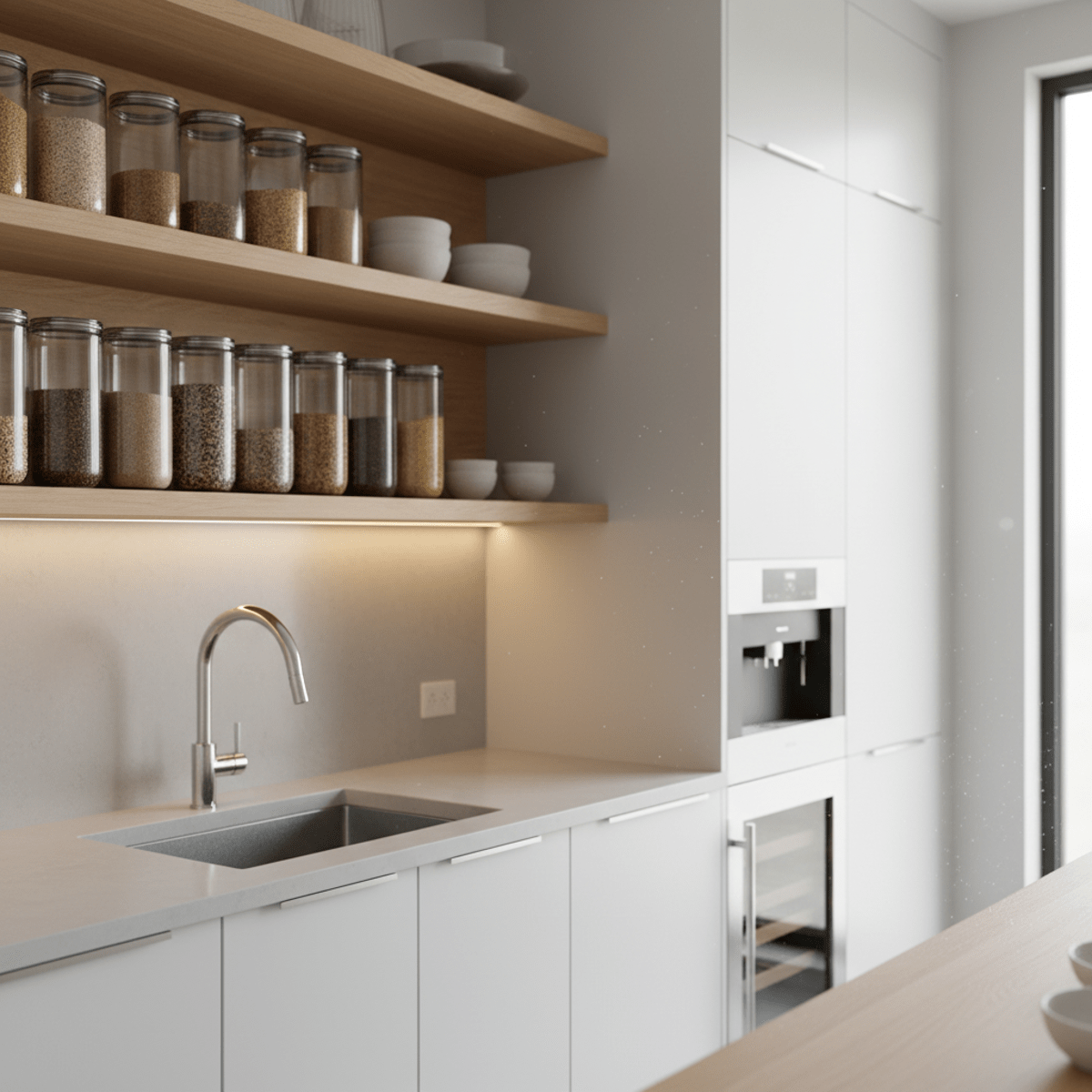 Modern luxury butler's pantry with open shelving, glass jars, and polished chrome sink.