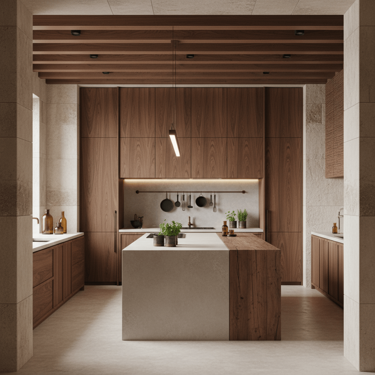 Modern kitchen with walnut cabinets, concrete island, and timber accents.