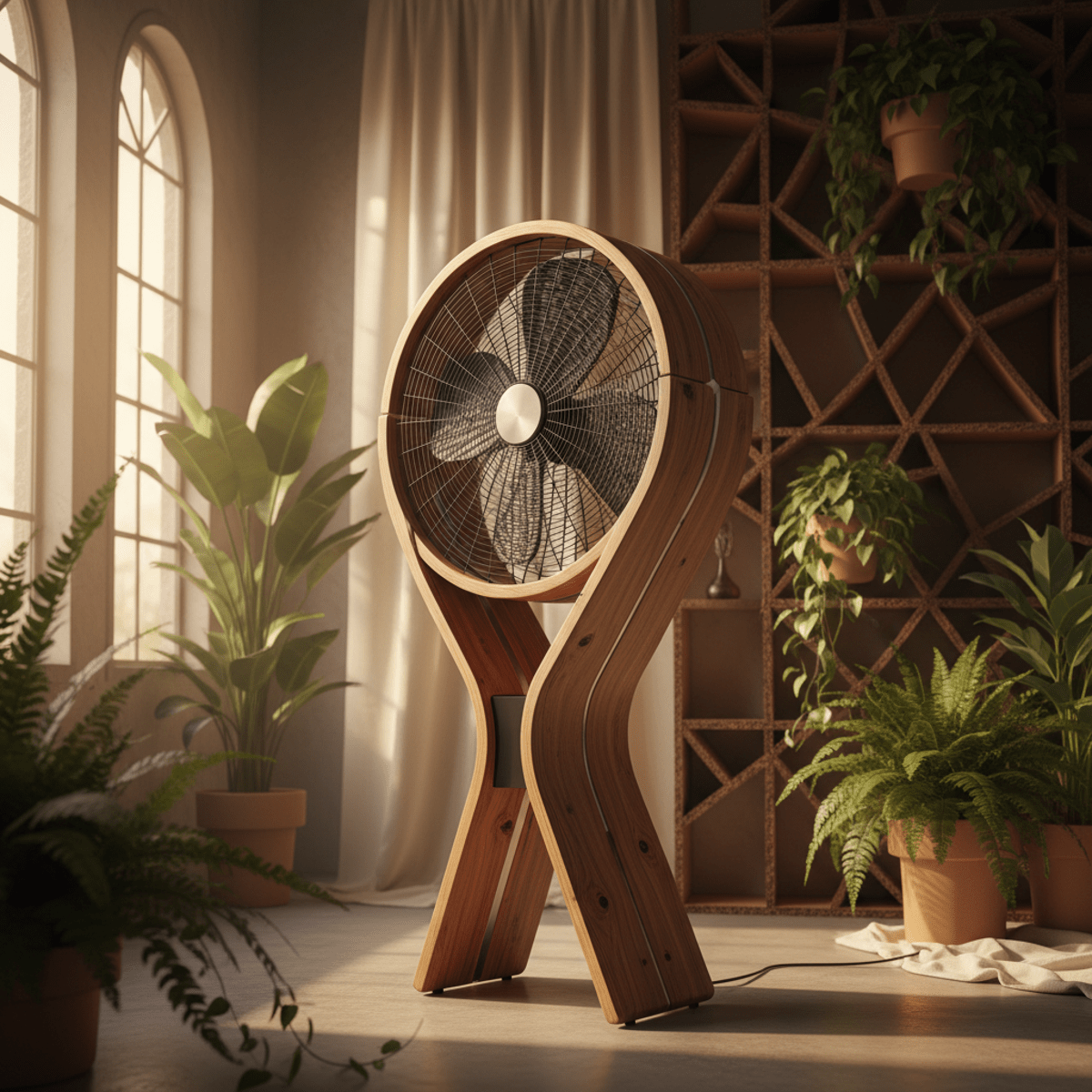 Sustainable teak wood fan with brushed metal accents in an eco-studio.