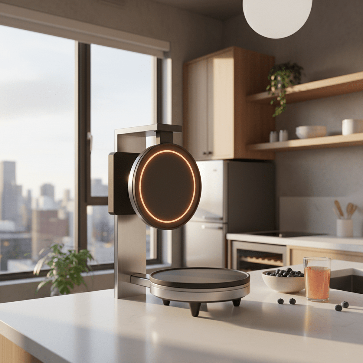 Compact wall-mounted pancake machine in a modern tiny apartment kitchen.