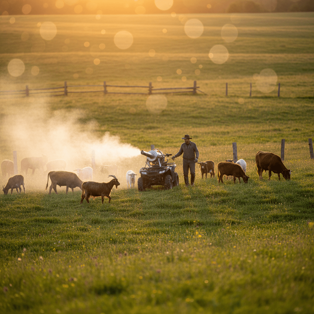 Organic farmer uses a modern fogger machine on a pasture with grazing livestock.