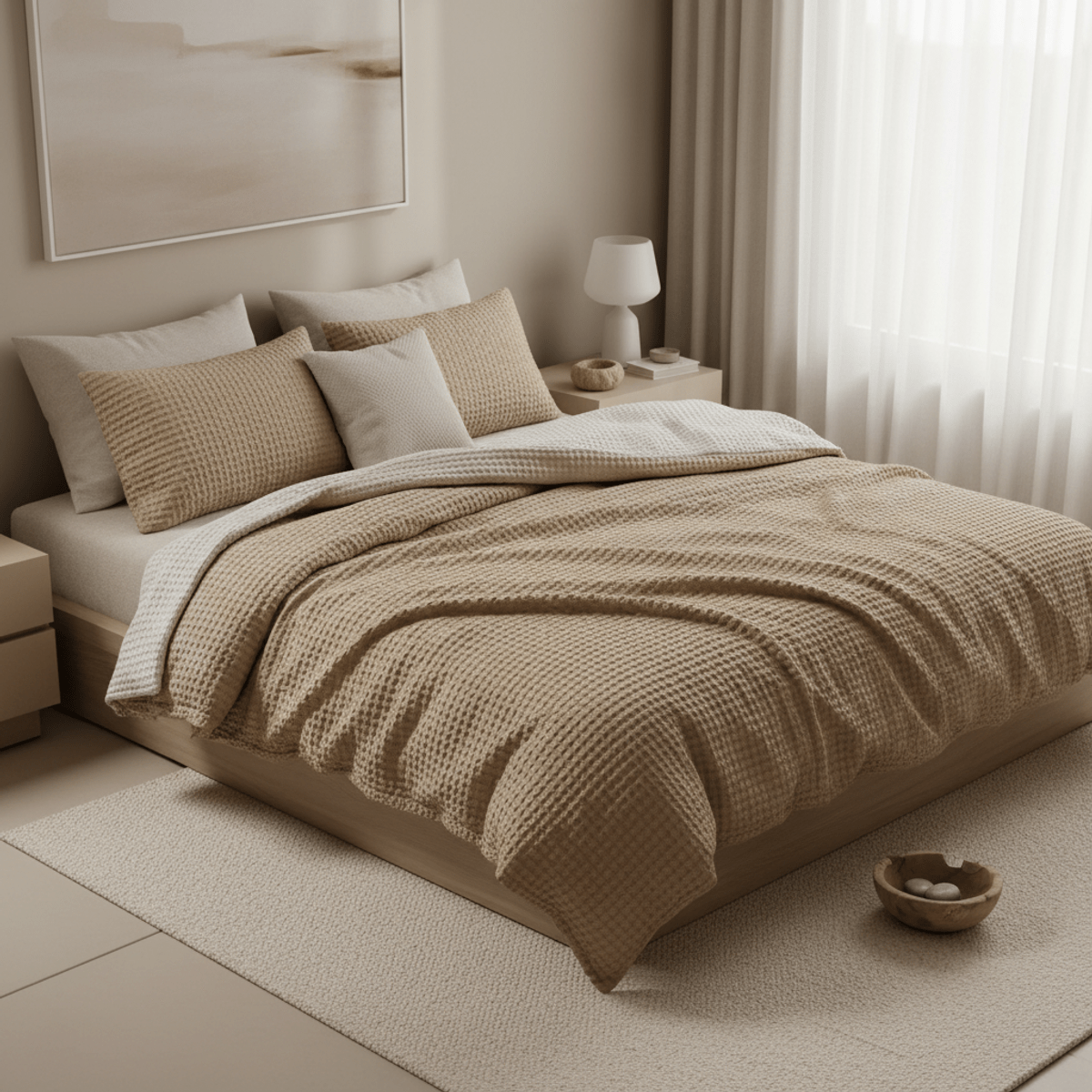 Serene modern bedroom with a tactile oatmeal comforter and diffused daylight.
