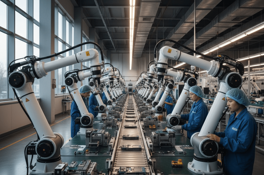 Rows of robotic arms and workers in a well-lit smartphone factory symbolizing efficient and stable production despite market rumors