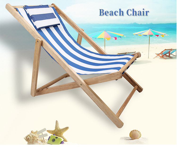 adjustable height foldable wooden beach chair with pillow