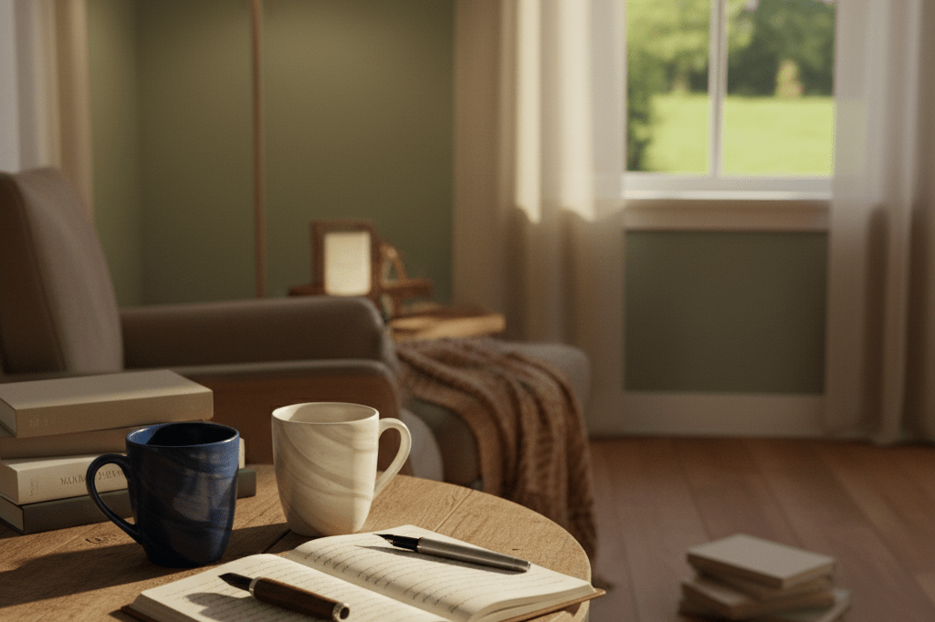 Cozy living room with coffee mugs, notebook, and pens under warm ambient light, representing stable and growing connections