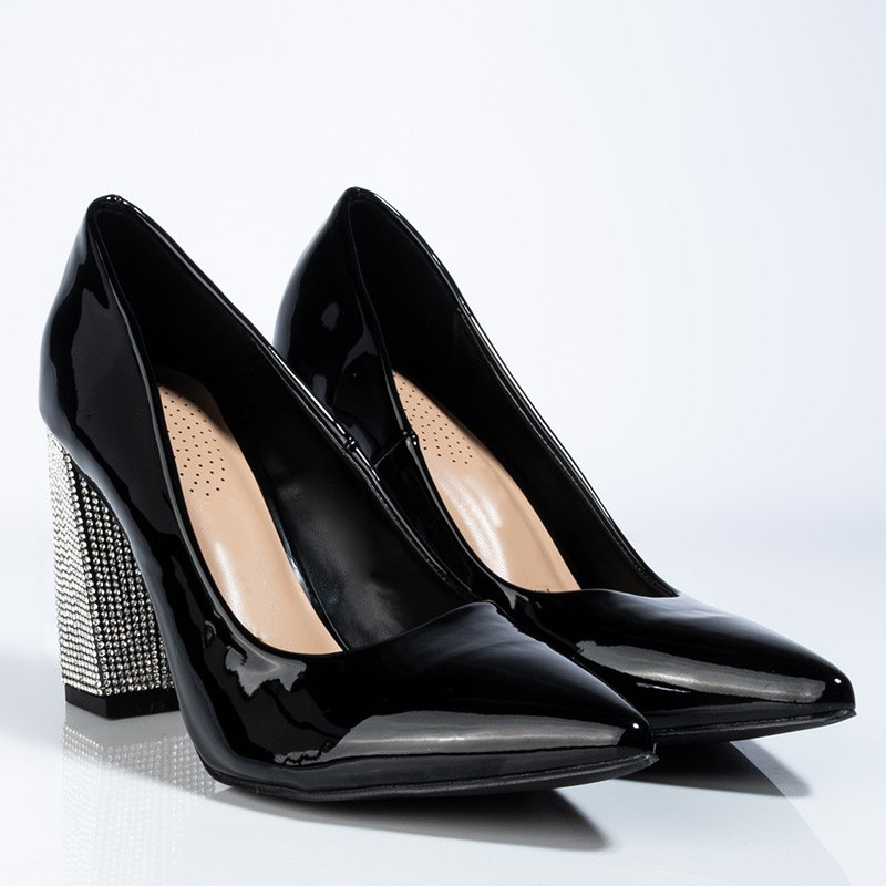 新到货花式女式黑色漆皮水钻厚底高跟鞋鞋女士尖头派对鞋