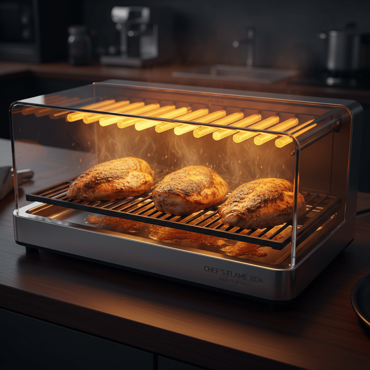 Sizzling chicken on an indoor grill with infrared heating. Modern indoor grill cooks chicken with intense infrared heat, creating perfect browning.