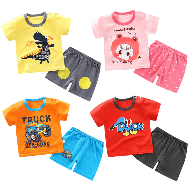 Летняя детская одежда, детская одежда, комплекты одежды для новорожденных с коротким рукавом + брюки, повседневная оптовая продажа, с мультяшным принтом