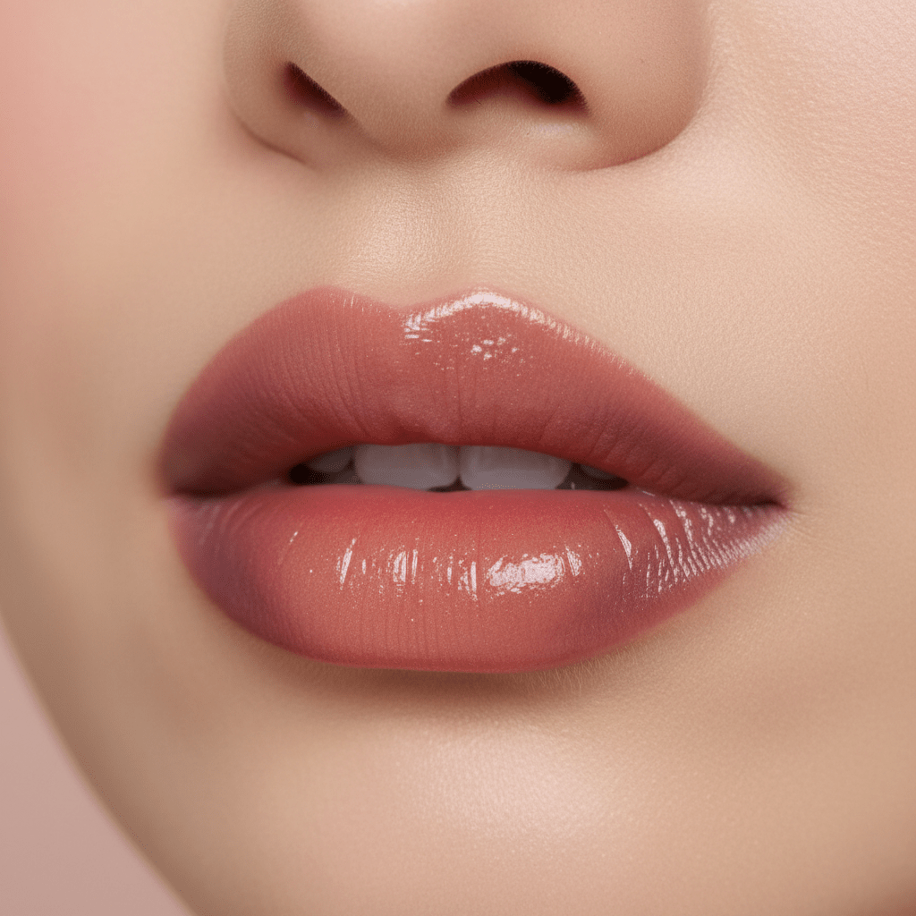 Close-up of lips with dusty fruit lip gloss in hazy strawberry, persimmon, and plum tones.