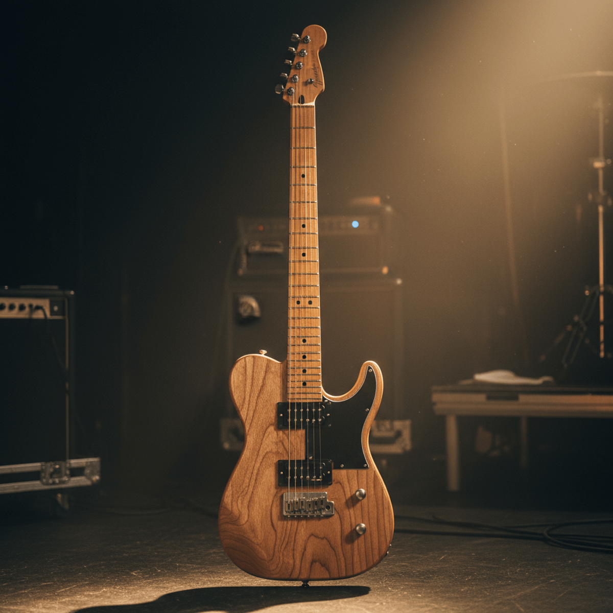 Contemporary baritone guitar on stage with golden hour light and ash wood body.