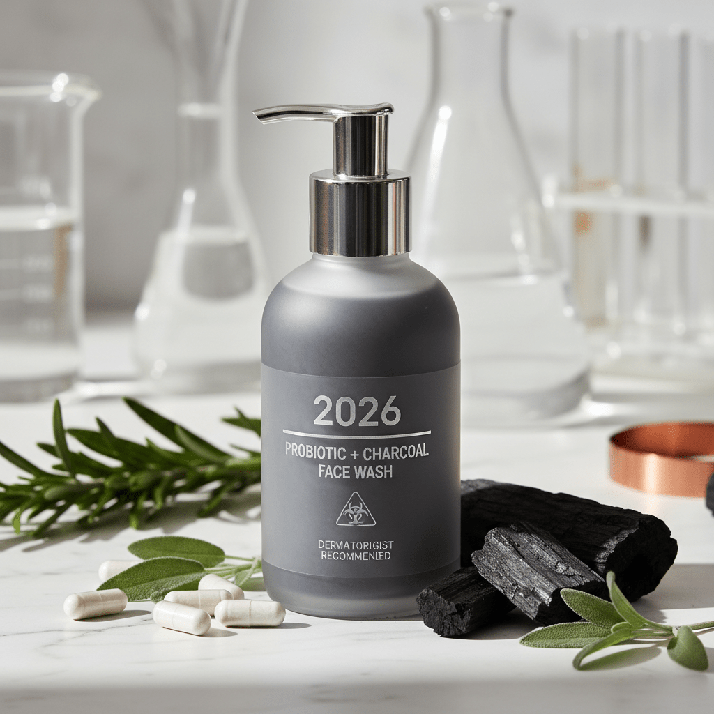 Probiotic charcoal face wash in frosted glass on marble with natural ingredients.