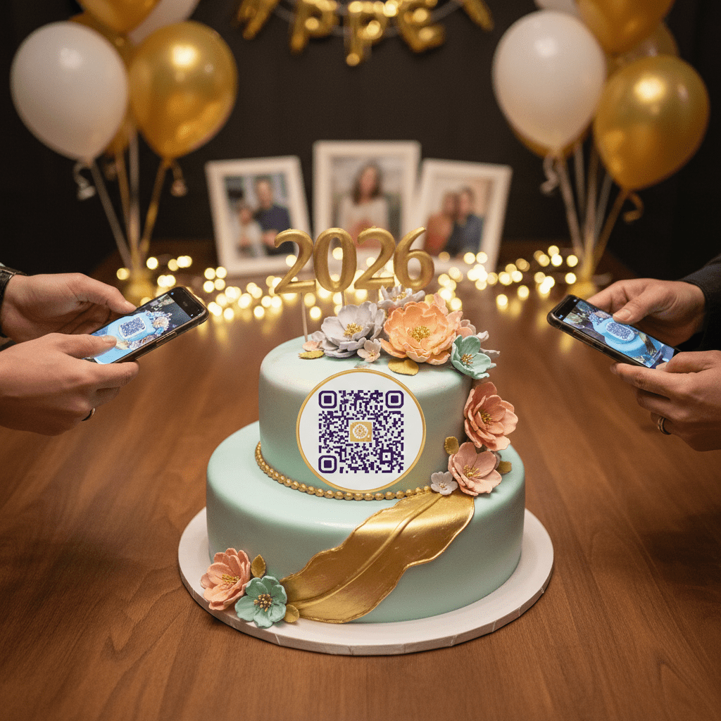 Hands reaching to scan an edible QR code on a celebration cake.
