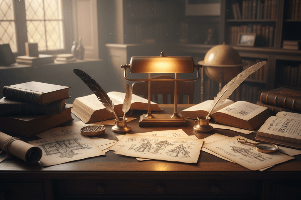 Antique study desk showcasing timeless literary inspiration Wooden desk adorned with vintage books, quills, and papers under soft natural light evoking rediscovery of classic narratives