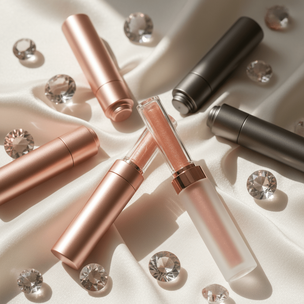 Collectible lip gloss refills in rose gold, gunmetal, and frosted glass on silk.