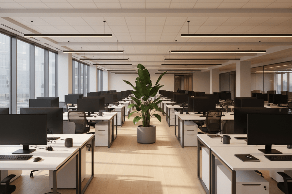 Wide shot of vacant desks and office supplies under natural light, representing operational shifts in the gaming sector