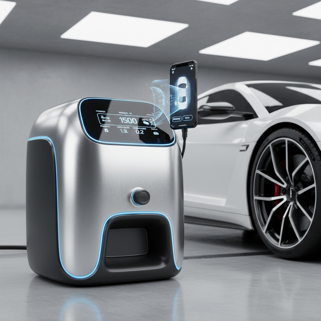 Sleek futuristic car pressure washer with digital display in a modern garage.