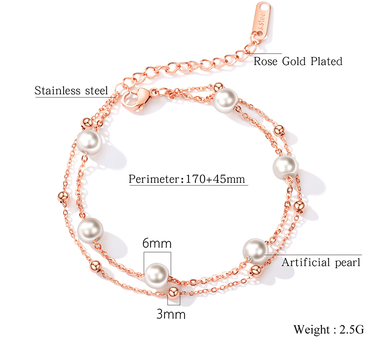 wholesale jewelry gift double layered silver rose gold stainless steel pearl chain bracelet for girl