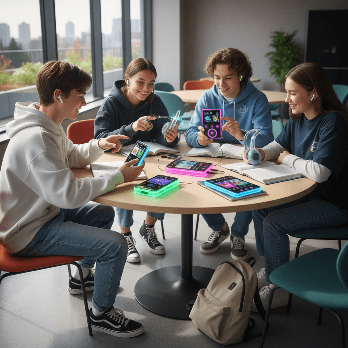 Teenagers in a modern lounge sharing music on vibrant mp3 players.