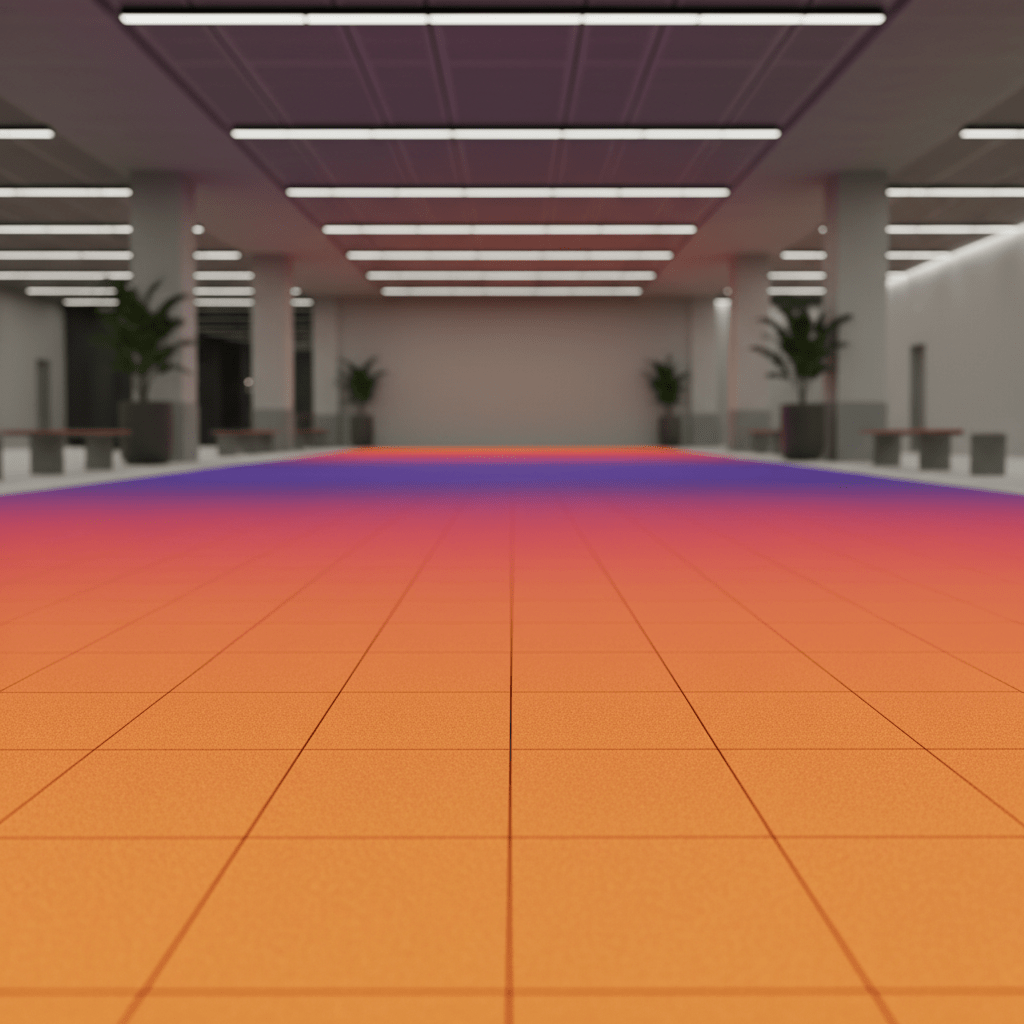 Sport court tiles with a dramatic sunset gradient fade from orange to purple.
