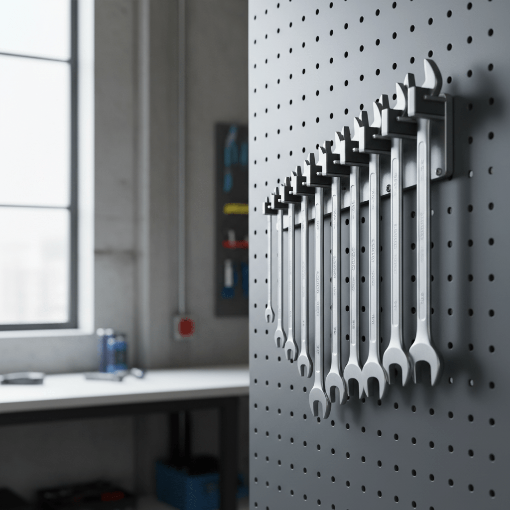 Vertical wrench organizer on pegboard with precision slots holding wrenches upright.