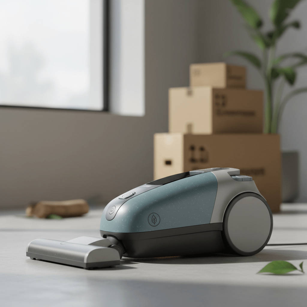 Sleek, eco-conscious budget vacuum cleaner with matte finish on living room floor.