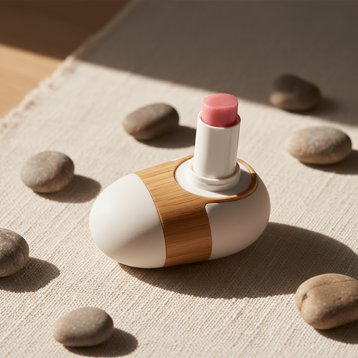 Elegant pink lip balm in a sculptural ceramic case with bamboo accents on linen.