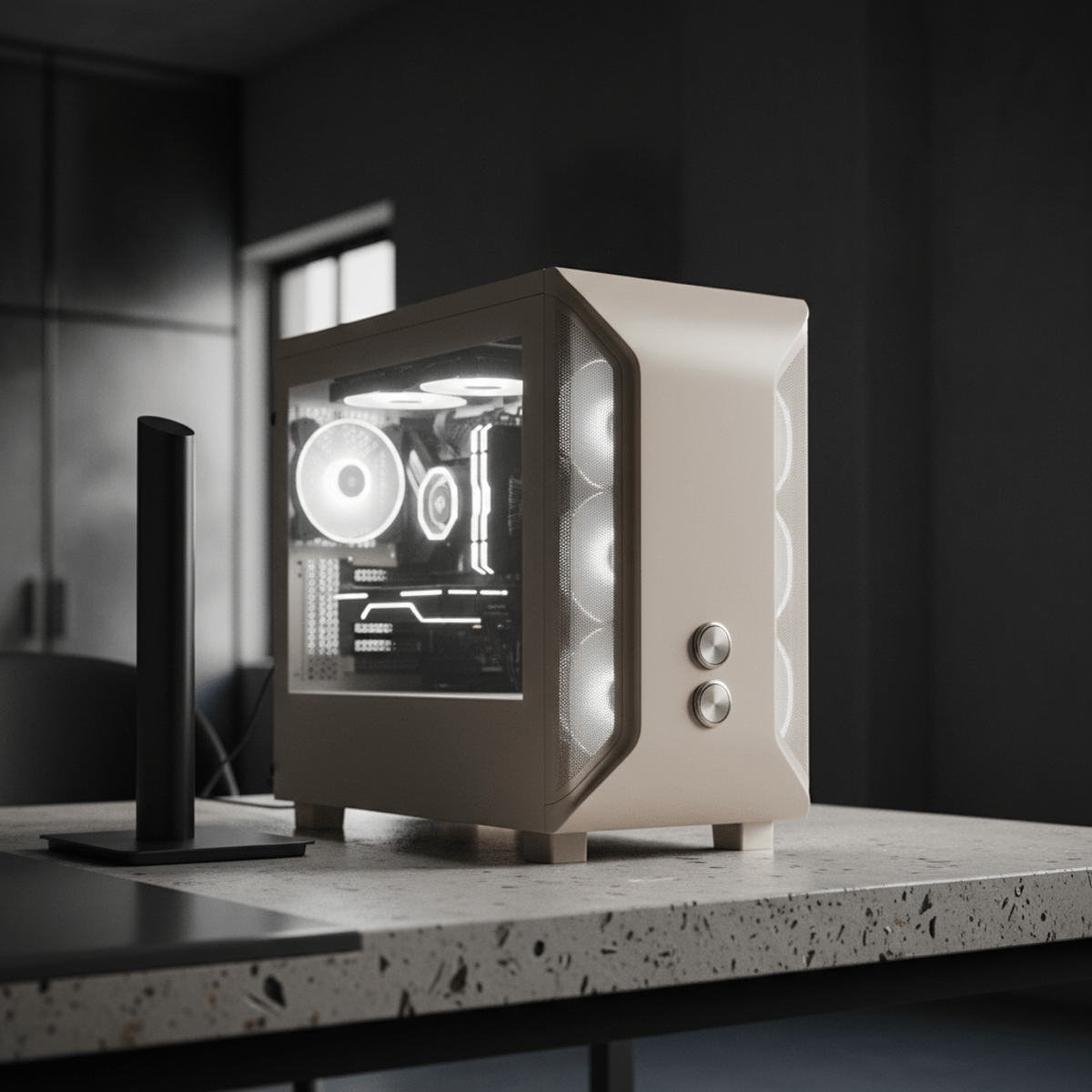 Retro-futuristic PC case with matte beige panels and soft white LED lighting.