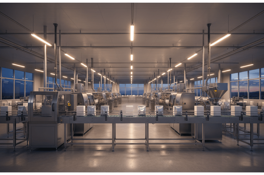 Wide shot of advanced manufacturing equipment in a food production plant under ambient lighting, highlighting operational efficiency