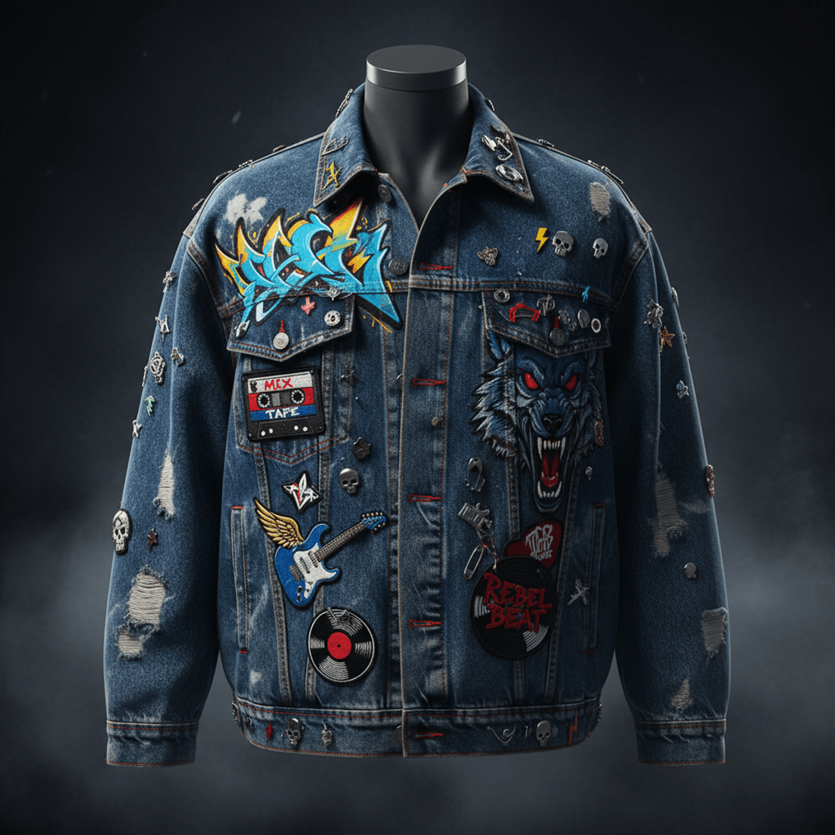 Oversized 80s urban denim jacket with acid wash, street art, and music patches.