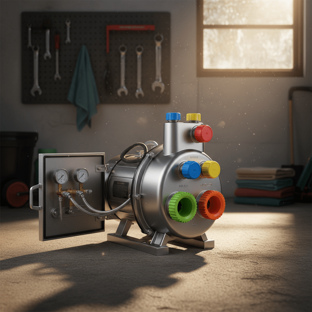 Sleek metallic shallow well pump installed in a utility space with golden hour light.