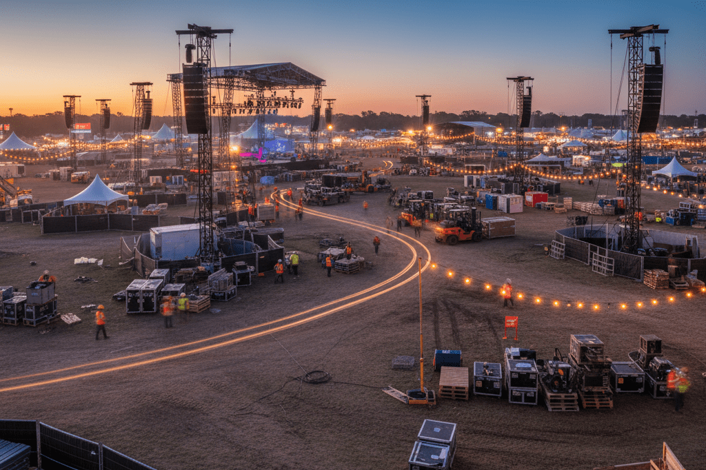 Wide-angle view of festival equipment and staging areas lit by warm artificial lights, showcasing logistical coordination