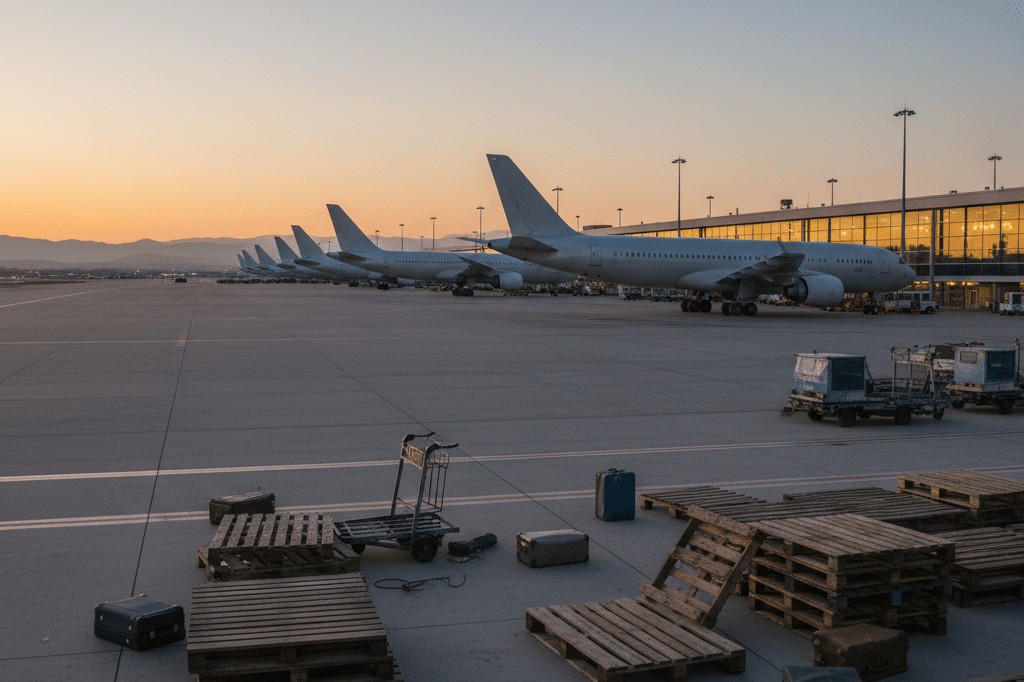 Wide shot of idle airplanes and logistics equipment at an airport during dusk, illustrating transportation crisis effects
