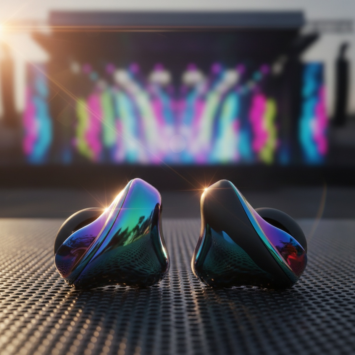 Iridescent chrome and matte black concert earplugs with jewel tones on a festival stage.