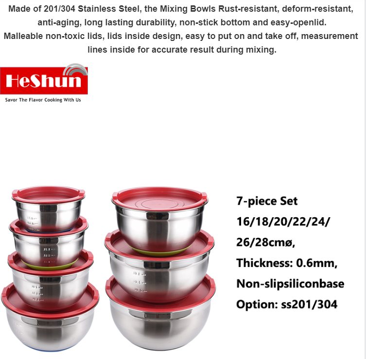 wholesale Stainless Steel Mixing Bowl Sets With Lids Non Slip Silicone Bottoms Household Kitchenware Bowl