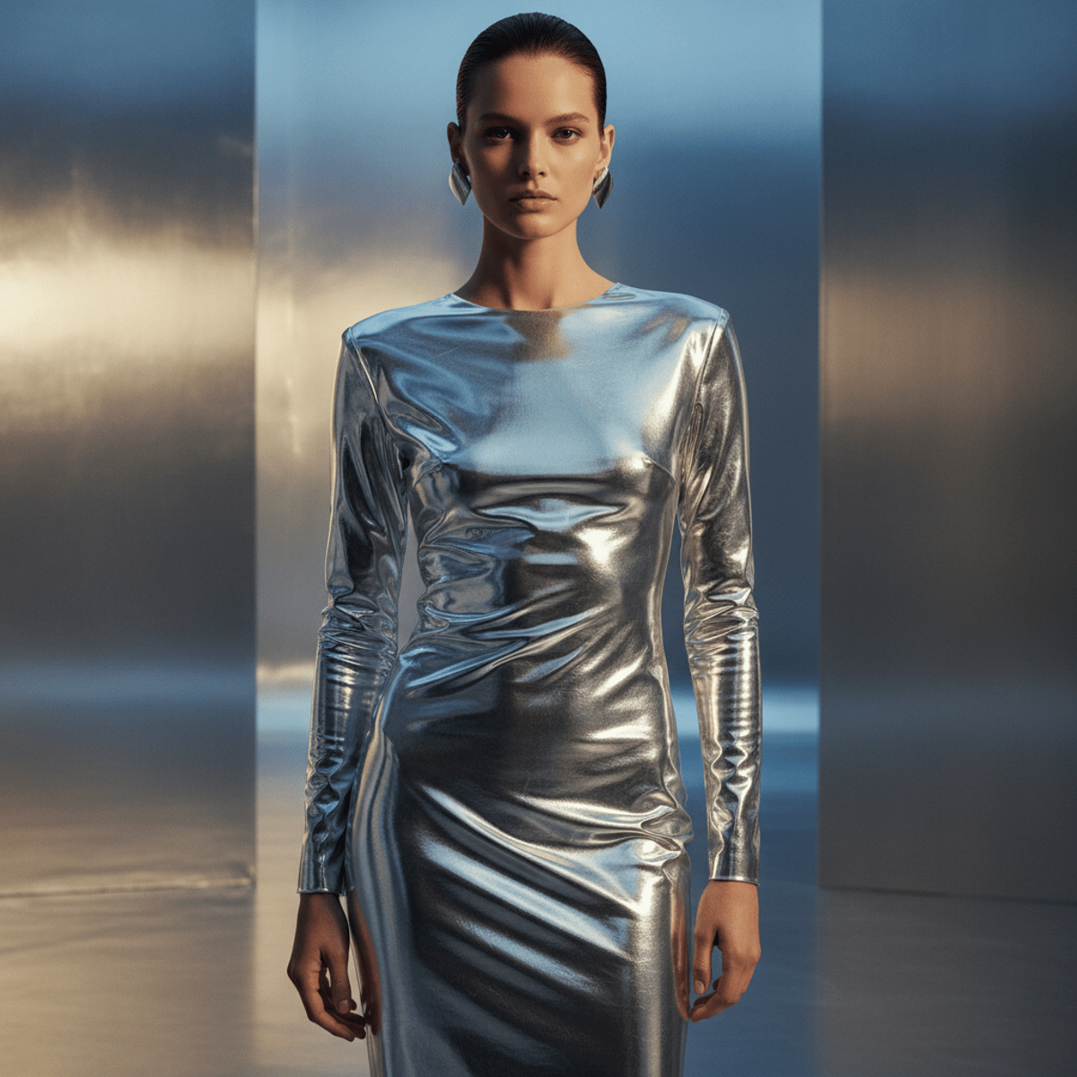 Fashion model in a sculpted, reflective molten silver dress with liquid metal texture.