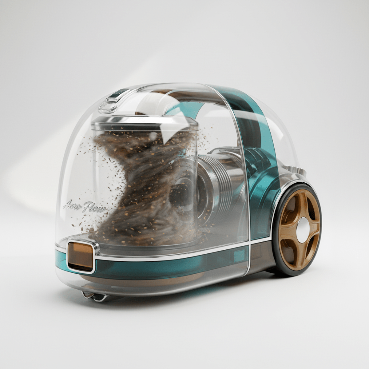 Transparent retro-futurist vacuum cleaner showcasing cyclonic technology and debris motion.