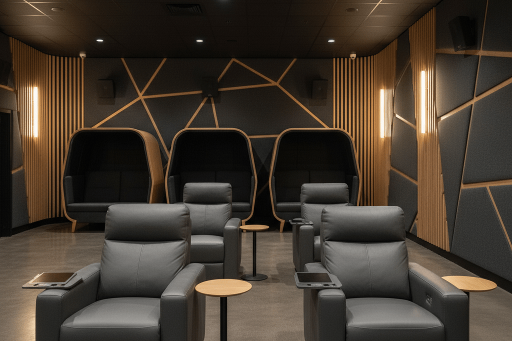 Medium shot of upscale cinema seating area with plush recliners, warm ambient lighting, and minimalist architecture, no people or branding visible