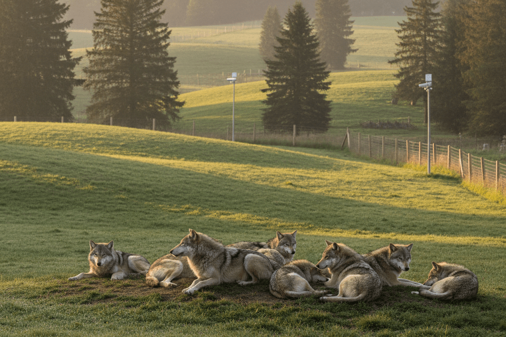 Serene view of wolves in a spacious conservation area surrounded by nature, reflecting ethical animal welfare practices