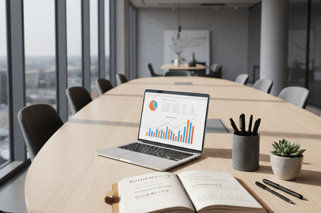 Wide shot of a conference table with a laptop, notebook, and plants under natural light, symbolizing strategy and authenticity