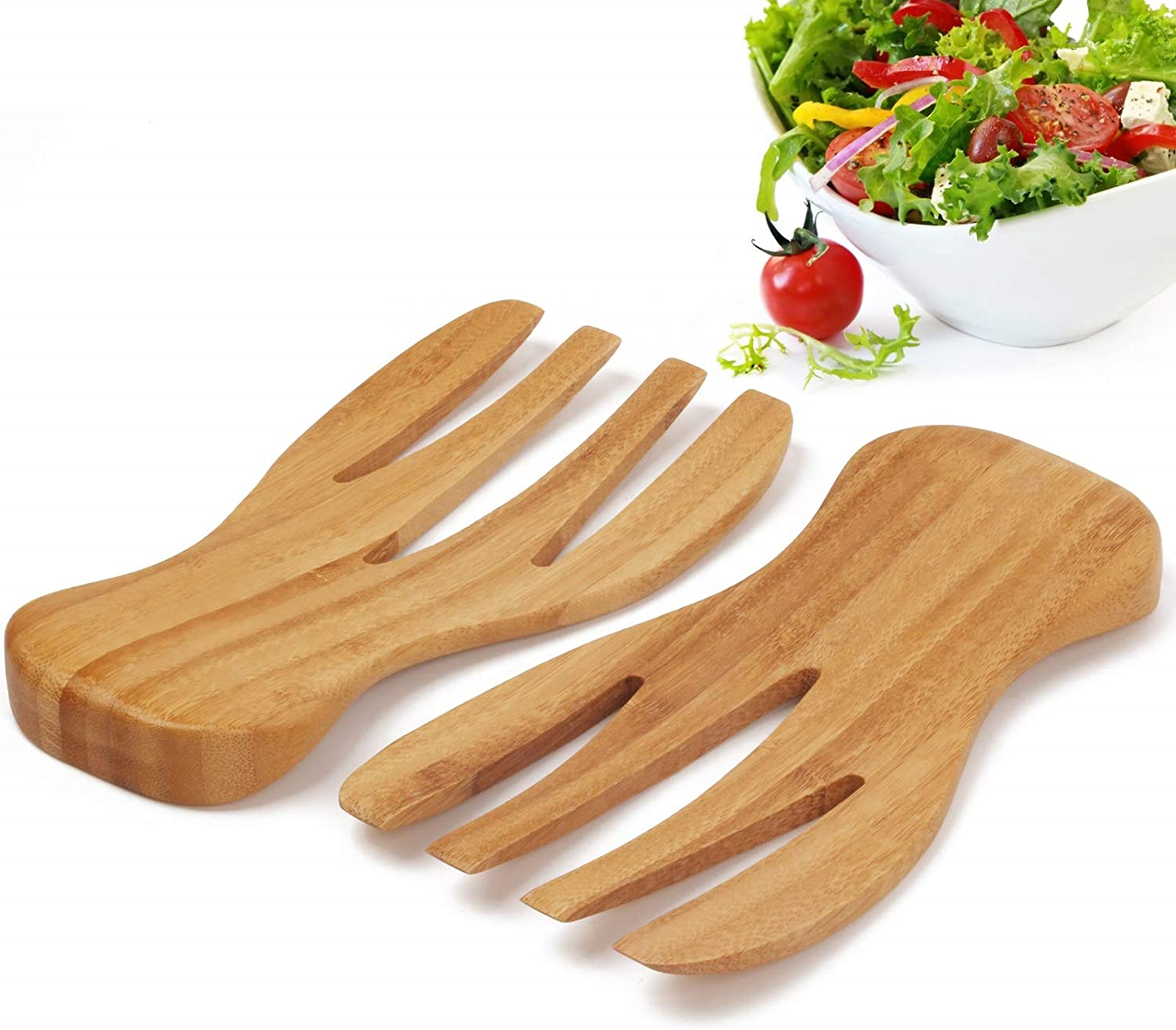 Образец в наличии, полностью кухонный бамбуковый салатный сервер, руки с ручками, ручки, вспомогательная упаковка из 2 шт.