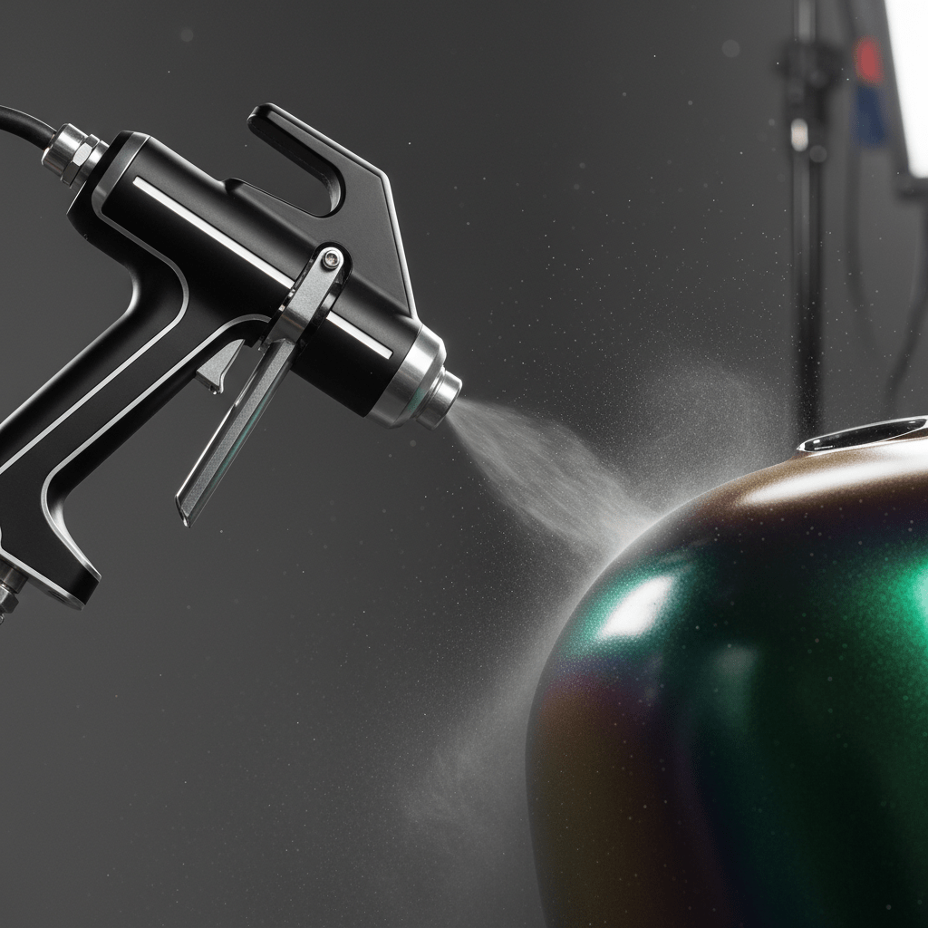 Sleek powder coating gun applies chameleon powder to a motorcycle fuel tank.