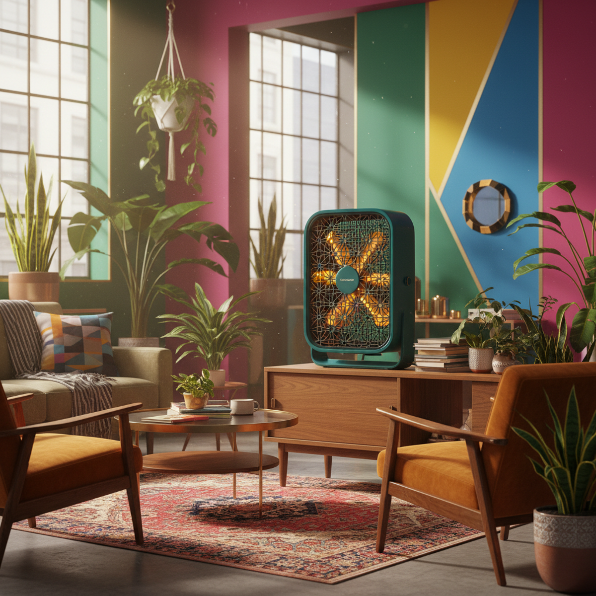 Retro-modern fan in a maximalist interior with plants. Deep teal box fan with geometric design in a vibrant, maximalist interior.