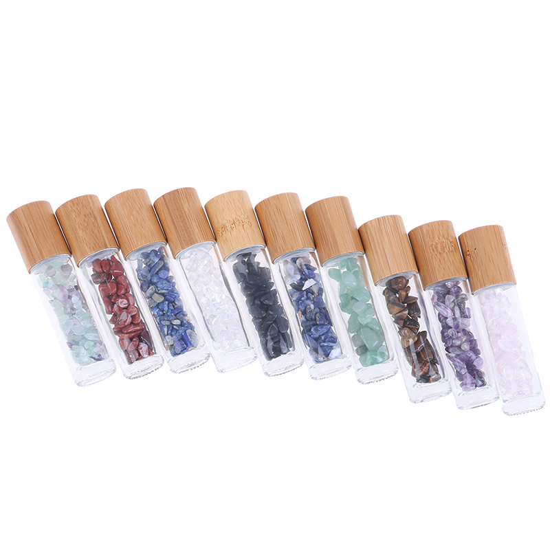 10ml Glass Roll On With Gemstone Essential Oil Roller Bottle With Bamboo Cap