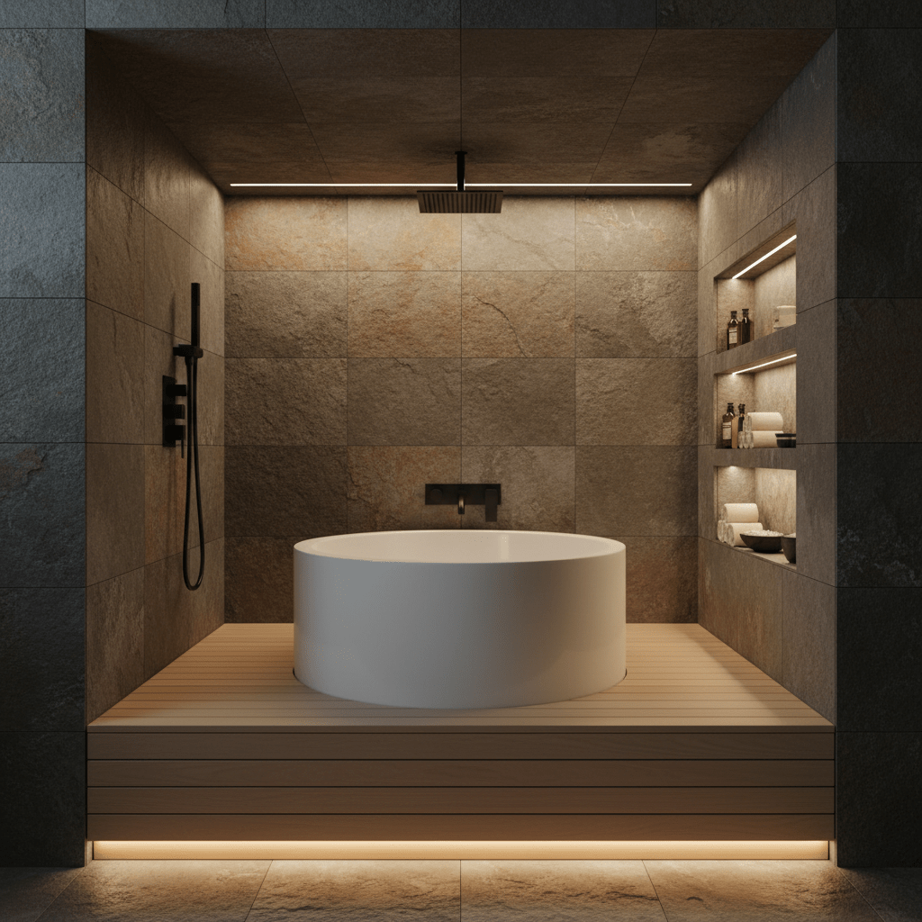 Compact soaking tub on a minimalist platform framed by natural stone tiles and matte black fixtures.